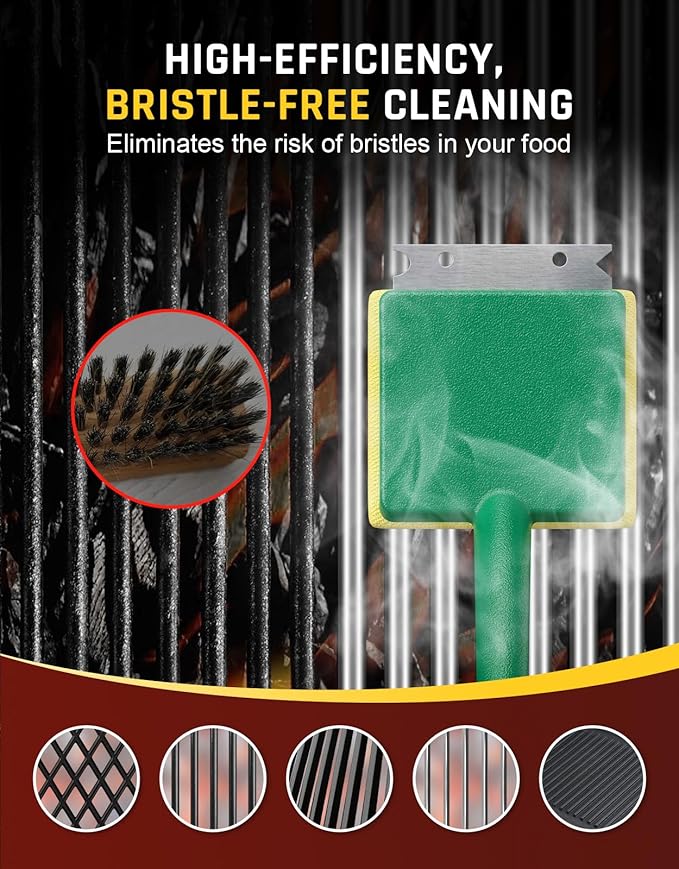 Grill Brush Bristle Free with Scraper, Steam Grill Brush with Long Handle, Grill Cleaner BBQ Brush for Cast Iron/Porcelain/Gas/Charcoal Grill, BBQ Accessories, Gifts for Mom/Dad