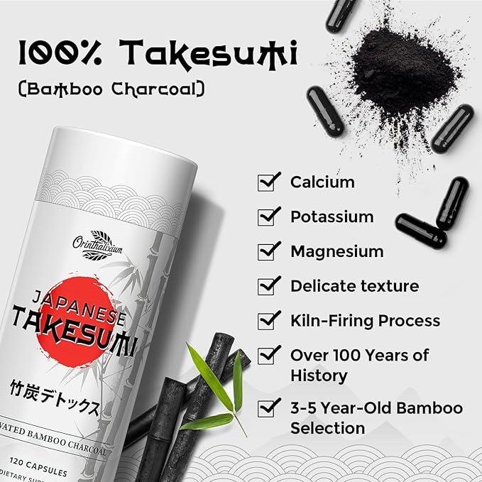 Orinthalixium Takesumi Bamboo Charcoal 2000mg – Activated Charcoal from Bamboo for Max Absorption, Detox & Gut, 120 Vegan Capsules（2 Bottle）