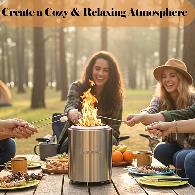 Portable Tabletop Fire Pit, VivaGarden Smokeless Table Top Fire Pit, Wood Burning & Pellets Outdoor Camping Stove with Carry Bag, Forks and Mat (9.7x7.1 Inch, Silver)