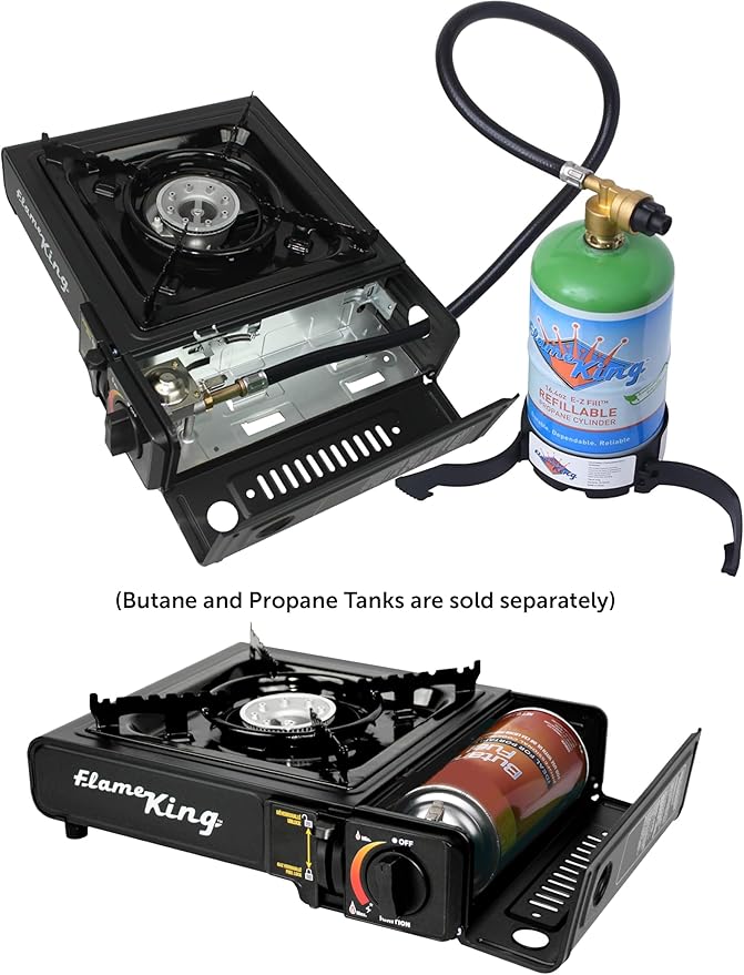 Flame King YSNVT-505-B Dual Fuel Butane & Propane Gas Camping Stove with Single Burner, Portable and Great for Outdoor Cooking, Backpacking, Hiking, & Emergency