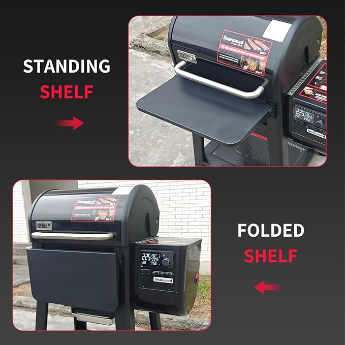 Utheer Folding Front Shelf for Weber Searwood 600 Pellet Grill, 23" x 12.5" Heavy-Duty Steel BBQ Prep Table, 60 LB Load, Space-Saving Front Grill Shelf, Weber Searwood 600 Accessories