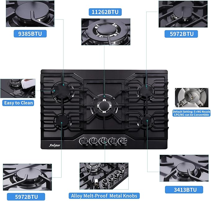 30 Inch Gas Cooktop, 5 Burners Built-in Stove Top Stainless Steel (Thermocouple Protection), LPG/NG Convertible Stove Dual Fuel Sealed Gas Hob - Black