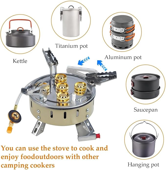 9500W Portable Windproof Camping Stove, Backpacking Camp Stove with Two Fuel Canister Adapter, Camping Gas Stoves with Piezo Ignition, Collapsible Stoves Burner for Outdoor Cooking Hiking and Picnic