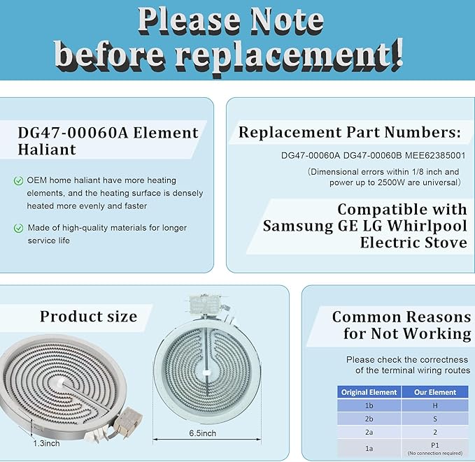 UPGRADED DG47-00060A MEE62385001 6" Single Radiant Surface Element Compatible with Samsung LG Electric Stove, W10823704 5.5" Range Single Radiant Burner Replace AP5967643 PS11720669