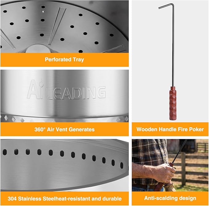 20 Inch Smokeless Fire Pit with Removable Ash Pan, Fire Pits for Outside Wood Burning, Portable Bonfire Outdoor Firepit, Bag & Poker Included, Stainless Steel (Silvery- with Legs-Fire Pit)