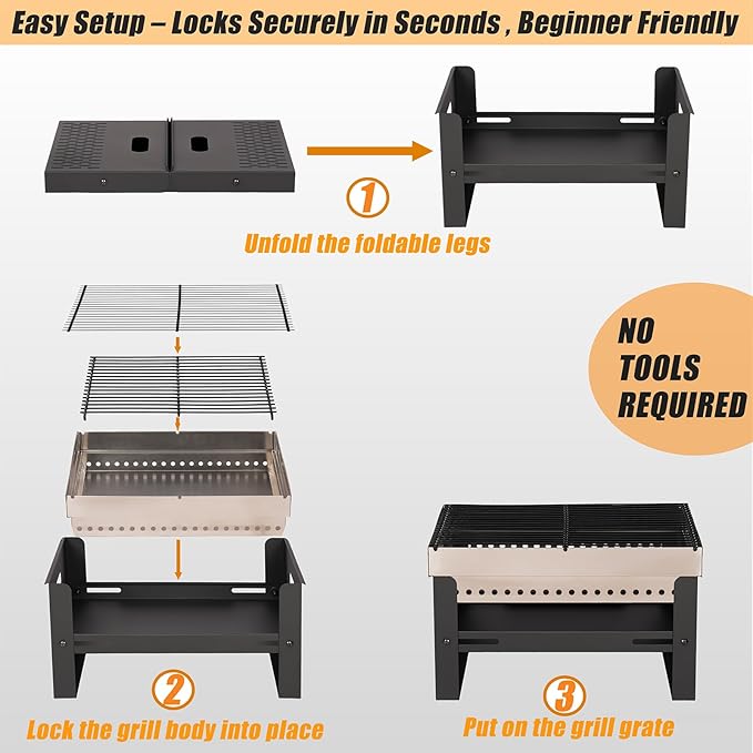 Portable Charcoal Grill, Small Tabletop BBQ, Foldable Mini Hibachi, Stainless Steel Camping Grill, Compact Outdoor Cooker for Picnic, Tailgating