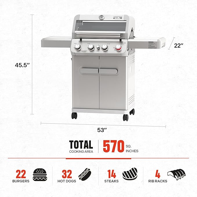 Monument Grills 4 Burner Propane Gas Grill, Stainless Steel Outdoor Patio Barbecue Grill with Smoker Box, with Broil Zone Fast Heating, Knob Control, and Easy Cleanup, M410MBZ