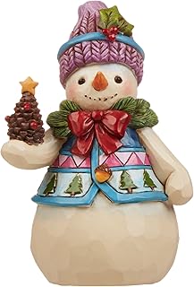 Enesco Jim Shore Heartwood Creek Pint-Size Snowman with Pinecone Stone Resin Figurine, 4.75”, White, Red, Green, Blue