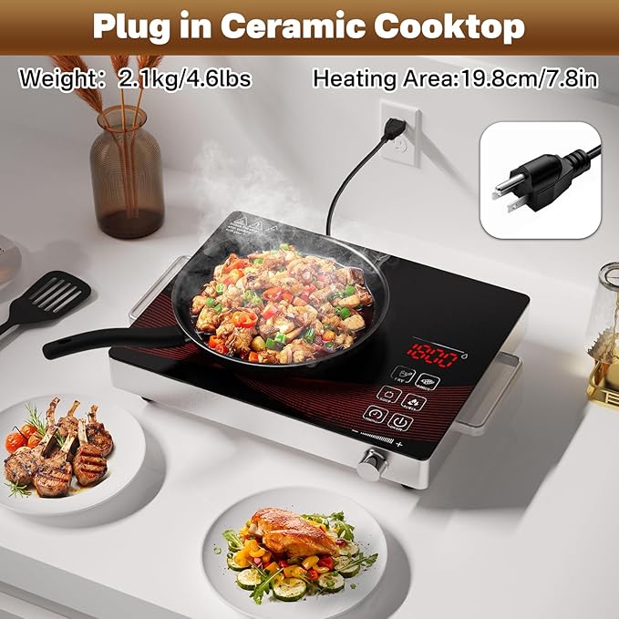1800W Infrared Hot Plate, Portable Single Burner Electric Cooktop with Timer & Touch Control, 18 Heat Levels, Ceramic Cooktop for All Cookware