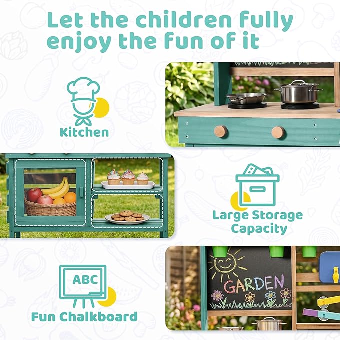 Wooden Outdoor Mud Kitchen for Kids, Pretend Play Kitchen Playset with Removable Sink, Faucet, Stove Top, Planting Area & Cooking Accessories, Toddler Gift for Boys Girls Ages 3+ (Green)