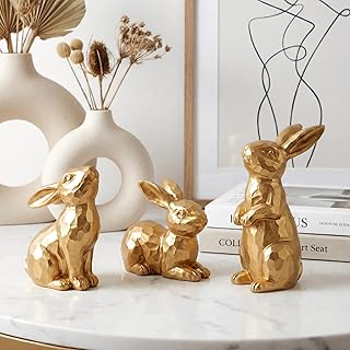 Large Gold Easter Bunny Decor, Set of 3 Geometric Resin Rabbit Figurines (Up to 6.2" Tall) - Modern Spring Table Centerpiece, Animal Statues for Home Office Mantel Shelf & Gift Idea