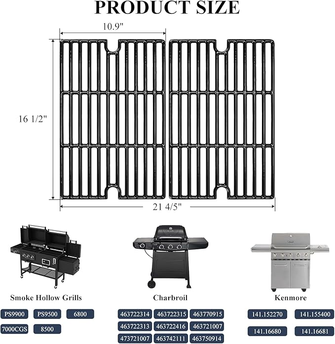 Hisencn 16.5" Cast Iron Cooking Grate Replacement for Smoke Hollow PS9900 7000CGS, Charbroil 463722315 463722313 463722416, Kenmore 141.152270 141.155400, Kingsford 24 inch Expert Grill 24 inch