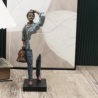 Decorative Traveler Figurine, Abstract Art Sculpture, Voyageurs in Blue Denim with Brown Bag, 9.84 inch Height (Blue)
