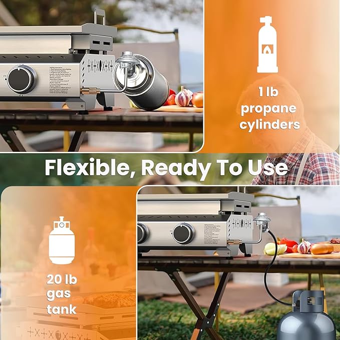 COWSAR 2-Burner Portable Tabletop Grill, 16000 BTU Stainless Steel Non-Stick Outdoor Portable Propane Griddle for Camping RV Backyard BBQ