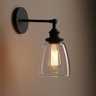 Pathson Vintage Wall Sconce with Clear Glass, Hardwired Wall Vanity Light Fixtures, Wall Mounted Lamp for Farmhouse Bedroom Bathroom Vanity Mirror Cafe Club (Matte Black)