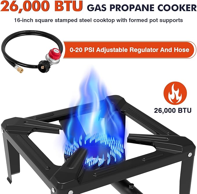 Llamaviva High Pressure Propane Stove - Heavy Duty Single Burner Outdoor Cooker with 0-20 PSI Adjustable Regulator & 4FT Hose - 16" Steel Portable Stove for Turkey Fry, Home Brewing, Camping