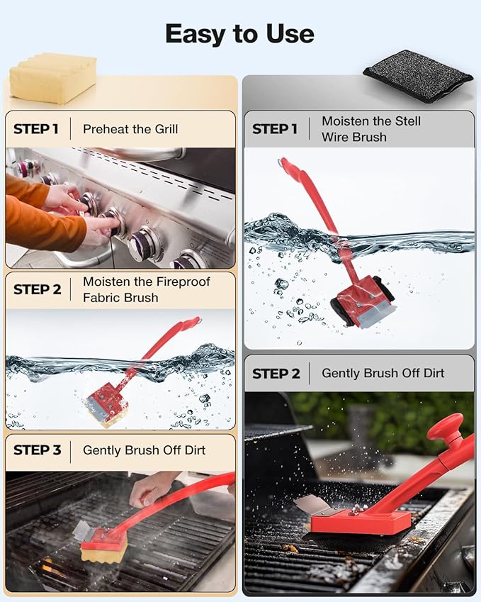 Grill Brush, Bristle Free, Safe Wire Bristles Steam Cleaning Brush, Cleaning Kit for Outdoor Grill, BBQ Cleaner Accessories, 2 Replacement Heads（Bristle Free & Wire Bristles）