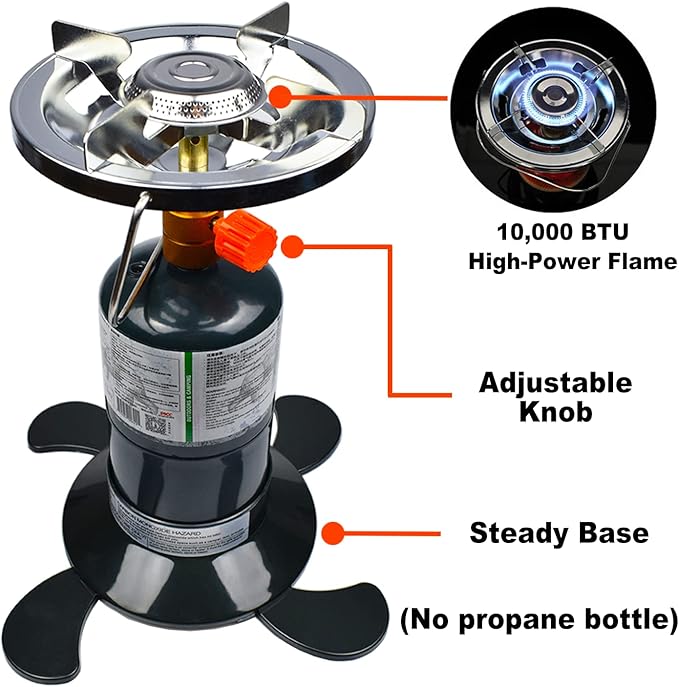 Propane Stove Portable Camping Gas Stove 10,000 BTU Bottletop Single Adjustable Burner with 1 lb Tank Base Carrying Case Great for Backpacking Emergencies Outdoor