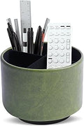 Round Leather Art Supply Organizer,Remote Control Holder,360 Degree Spinning,Multi-Functional Pencil Holder,4 Compartments Desktop Stationary Organizer(1-Oil Bamboo)