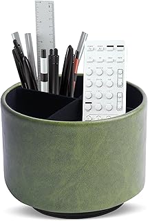 Round Leather Art Supply Organizer,Remote Control Holder,360 Degree Spinning,Multi-Functional Pencil Holder,4 Compartments Desktop Stationary Organizer(1-Oil Bamboo)