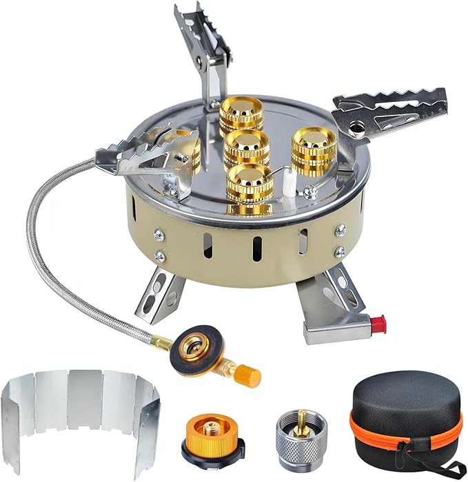 9500W Portable Windproof Camping Stove, Backpacking Camp Stove with Two Fuel Canister Adapter, Camping Gas Stoves with Piezo Ignition, Collapsible Stoves Burner for Outdoor Cooking Hiking and Picnic