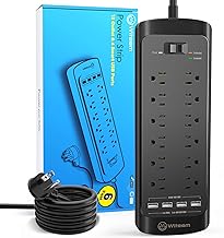 Surge Protector Power Strip - 12 Outlets, 4 USB 3.4A Ports, 6Ft Extension Cord, 1875W/15A, 4360Joules, Wall Mountable, Overload Protection - Ideal for Home & Office Use (Black-3.4A)