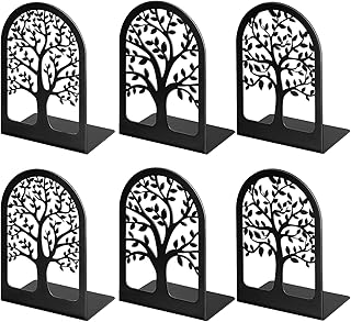 HappyHapi Book Ends, Metal Bookends for Shelves Decorative, Tree Stopper for Heavy Books, Black Ends to Hold Books for Home Office, 6.5 X 4.7 X 3.5 Inch(3 Pairs/6 Pcs, Large)