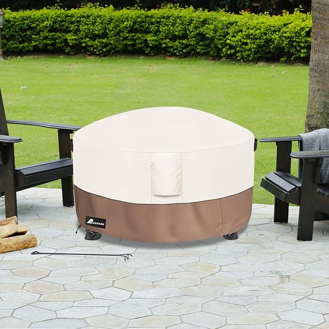 Fire Pit Cover Round 34 Inch Waterproof,Outdoor Heavy Duty Durable 600D Tear-Resistant Fire Pit Table Cover,Patio Round Firepit Cover 34" D x 15" H, Beige