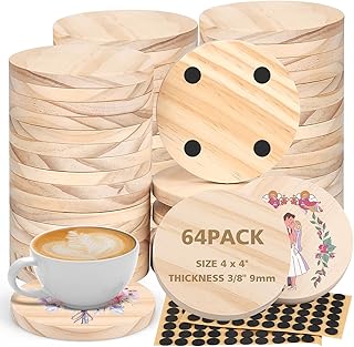 Adrattnay 64Pcs Unfinished Wood Coasters, 4" Round Wooden Coasters Tabletop Protection with Non-Slip Dot for Drinks, 9mm Blank Wood Coasters Bulk for Laser Engraving Painting Wood Burning Crafts