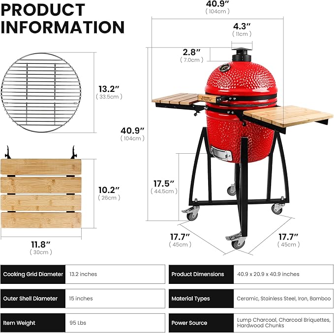 London Sunshine 15-inch Ceramic Kamado Charcoal BBQ Grill & Smoker with Locking Casters, Foldable Side Shelves, Stainless Steel Grates, and Tall Stand (Red)