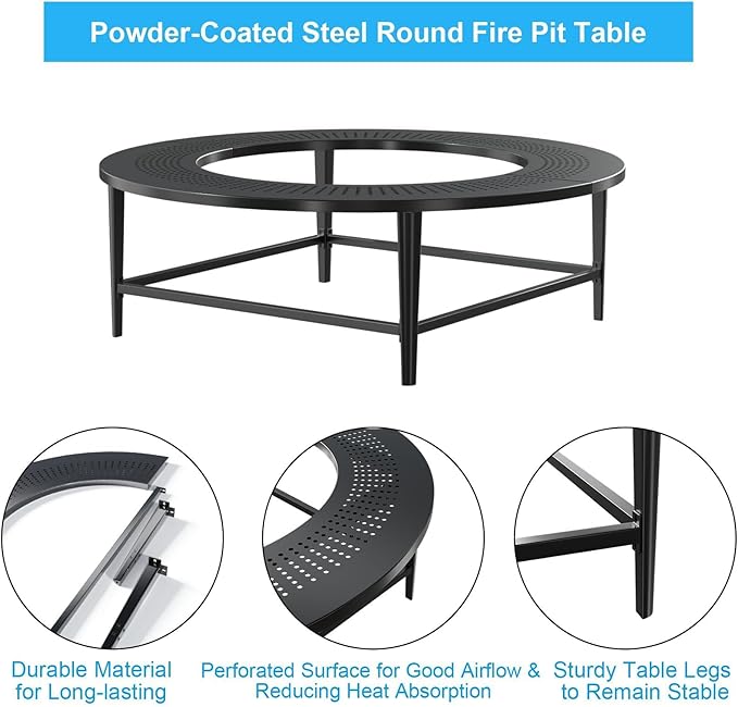 LS'BABQ 40" Fire Pit Surround Tabletop with Waterproof Cover for Solo Stove Bonfire & Ranger, Round Outdoor Fire Pit Table for Most Wood-Burning Stoves Under 22" Dia for Camping, Powder-Coated Steel