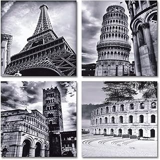Wieco Art Architectures Modern 4 Panels Giclee Canvas Prints Europe Buildings Black and White Landscape Pictures Paintings on Canvas Wall Art Ready to Hang for Bedroom Home Office Decorations