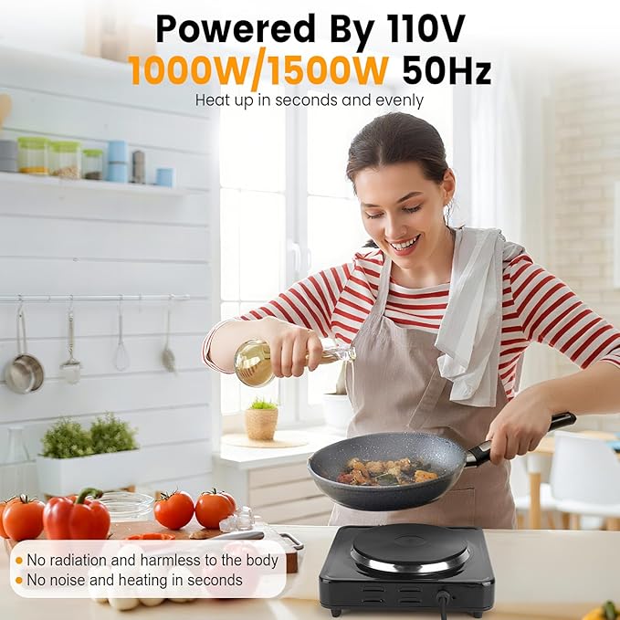 7” Electric Single Burner, 1500W Portable Stainless Steel Countertop Hot Plate Stove Cooktop with Non Slip Rubber Feet for RV/Home/Camp, 5 Temperature Adjustments