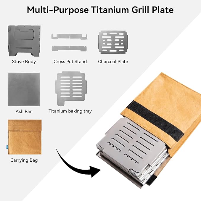 COOK'N'ESCAPE Portable Wood Burning Stove, Foldable Stainless Steel Camp Burner with Titanium Grill Plate and Ash Tray, Secondary Combustion Survival Gear for Hiking Outdoor Tent Camping Picnic BBQ