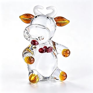 QFkris 2.5" Mini Cow Sculpture Hand Blown Glass Animal Art Farm Figurine Animals Miniature Collectible Decor (Blown) for Women