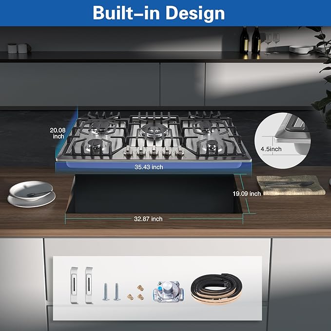 Amzgachfktch Gas Cooktop 36 inch with 5 Italy Sabaf Sealed Burners, Max 48,300 BTU Built-in Gas Stove Top, Propane Cooktop with 304 Stainless Steel Panel, NG/LPG Convertible, CSA Certified