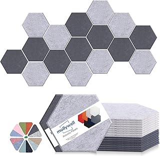 Mollywell Hexagon Acoustic Panels 14x12 - Reduce Echo & Reverb, Noise Blocking Wall Tiles for Studio & Home Office, Moon & Silver Gray Sound Absorbing Panels
