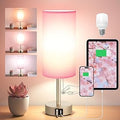 Small Table Lamp for Bedrooms - Bedside Lamps for Nightstands, Minimalist Night Stand Light with round fabric shade, Desk Reading Lamps for Children's room, Living room, Offices,Dorm (Pink and Gold)