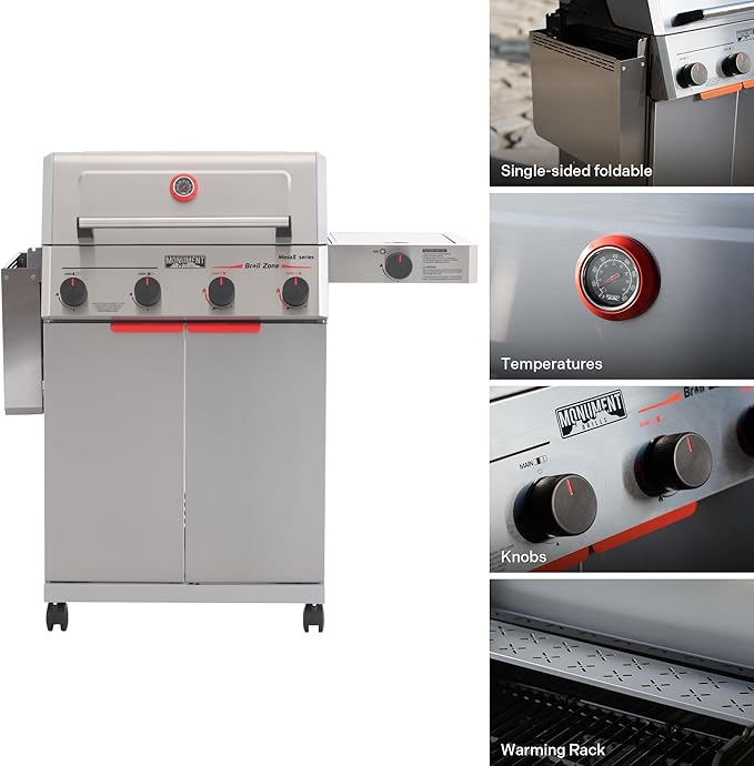 Monument Grills 4+1 Burner Stainless Steel 525 sq.in Propane M2 Gas Grill, 49,000 BTU, 500°F in 5 Mins, Outdoor Patio Grill with Broil Zone, 1 Side Burner, 1 Foldable Side Shelf, with 4 Accessories