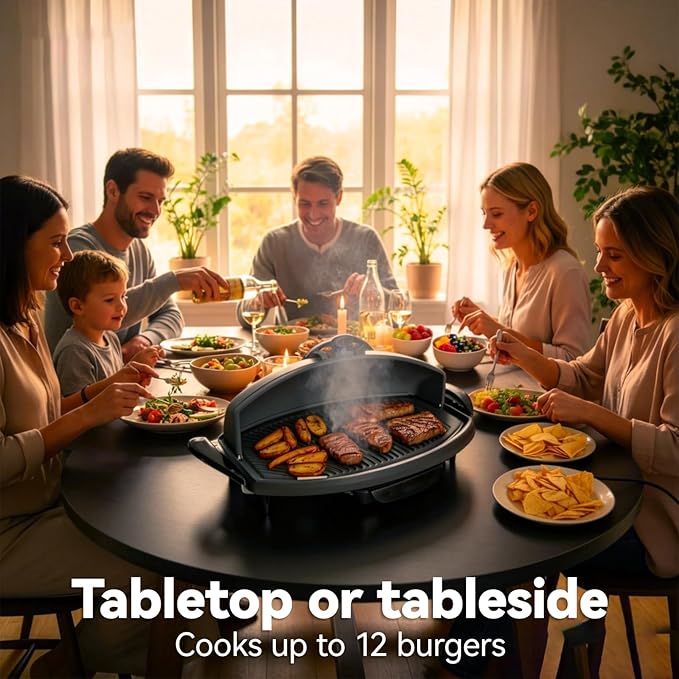 Portable Electric Grill with Removable Stand, 1500W Indoor & Outdoor BBQ, Non-Stick Baking Pan & Intelligent Temperature Control for Backyard, Balcony, Camping and Party, Gray