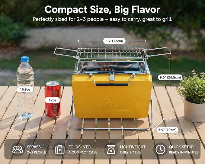 Ranger Portable Charcoal Grill – Compact Lunchbox‑Style Folding BBQ for Camping & Beach| Dual‑Zone Heating, Stainless Steel Body, 3-sec Setup, Includes Tong & Cleaning Brush, Serve 2-3 people