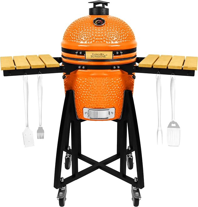 London Sunshine 15-inch Ceramic Kamado Charcoal BBQ Grill & Smoker with Locking Casters, Foldable Side Shelves, Stainless Steel Grates, and Tall Stand (Orange)