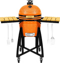 London Sunshine 15-inch Ceramic Kamado Charcoal BBQ Grill & Smoker with Locking Casters, Foldable Side Shelves, Stainless Steel Grates, and Tall Stand (Orange)