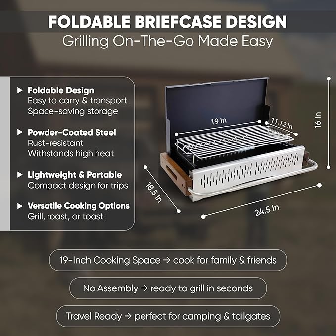 GasOne XL Portable Charcoal Grill – 24.5 x 18.5-inch Foldable Barbecue Grill Briefcase with Lid – Lightweight and Compact Charcoal Smoker for Camping, Garden, Beach, Backyard – No Assembly