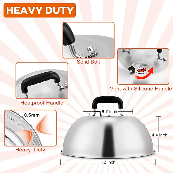 Leonyo Cheese Melting Dome Set of 2, Stainless Steel 12 Inch Round Steaming Basting Cover with Adjustable Vent, Professional Heavy Duty Melting Dome Lid Griddle Accessories for Teppanyaki Flat Top