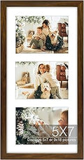 Golden State Art Three 5x7 Collage Picture Frame - Solid Wood with Tempered Glass - Multi Picture Frame Display Three 5x7 Photos with Mat - or One 9x18 Frame Without Mat for Wall Decor, Brown
