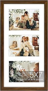 Golden State Art Three 5x7 Collage Picture Frame - Solid Wood with Tempered Glass - Multi Picture Frame Display Three 5x7 Photos with Mat - or One 9x18 Frame Without Mat for Wall Decor, Brown