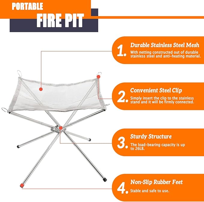 22 inch Portable Outdoor Fire Pit for Camping Upgrade Foldable Stainless Steel Mesh Fire Pits for Outside Wood Burning Collapsible Fireplace for Patio,Camping,Bonfire,Backyard,Garden,BBQ