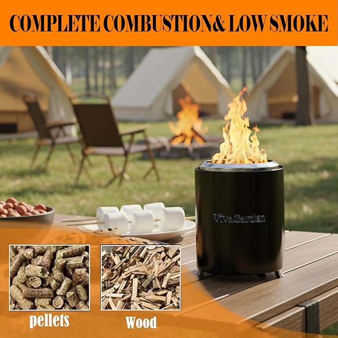 Portable Tabletop Fire Pit, VivaGarden Smokeless Table Top Fire Pit, Wood Burning & Pellets Outdoor Camping Stove with Carry Bag, Forks and Mat (9.7x7.1 Inch, Black)