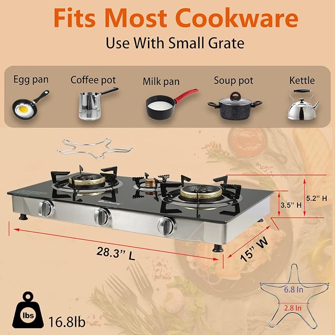 Propane Stove 3 Burner Gas Stove, 34000 BTU High-Efficiency Auto Ignition Tempered Glass LPG Cooktop with CSA Regulator and Hose – for Outdoor Camping, RV, and Emergency Cooking